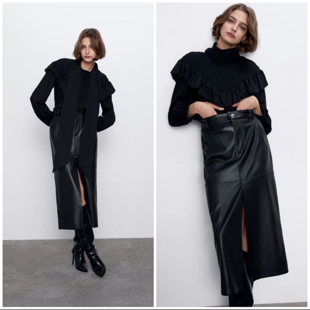 Zara Midi Vegan Leather front slit skirt